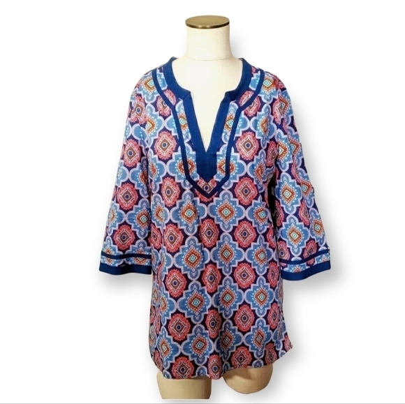J. Crew Navy blue pink print tunic top cotton Size Small - Picture 1 of 15